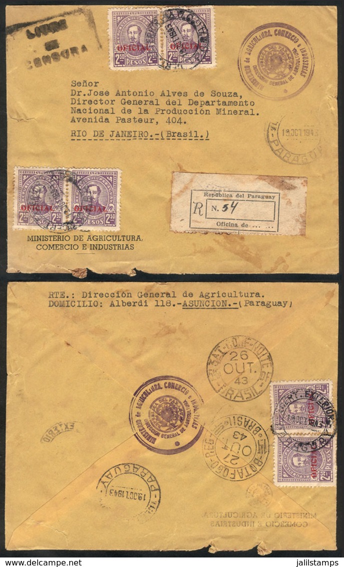 1101 PARAGUAY: Rare Official Cover Sent By Registered Mail From Asunción To Rio On 19/OC/1943, With Interesting "LIVRE D - Paraguay