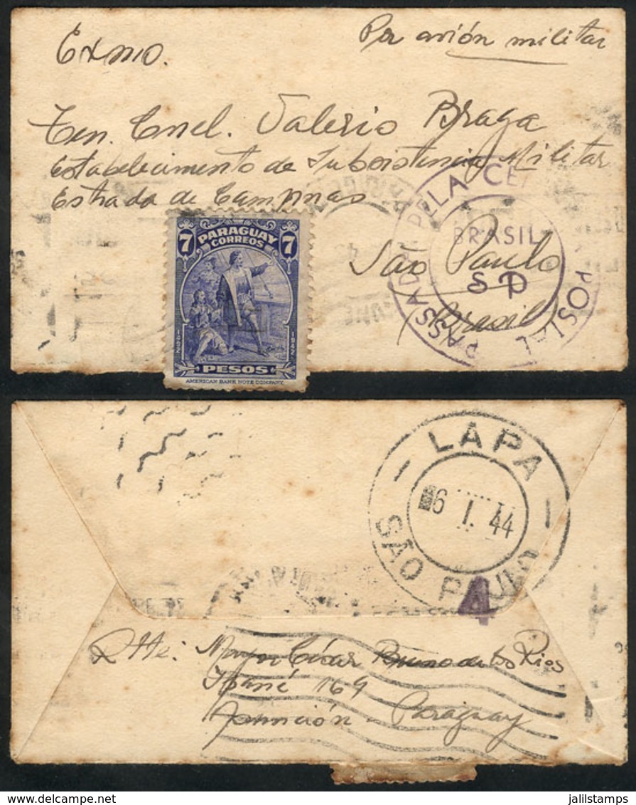 1102 PARAGUAY: Small Cover Franked With 7P. Columbus, Sent To Brazil "via Military Airplane", With Arrival Backstamp Of  - Paraguay