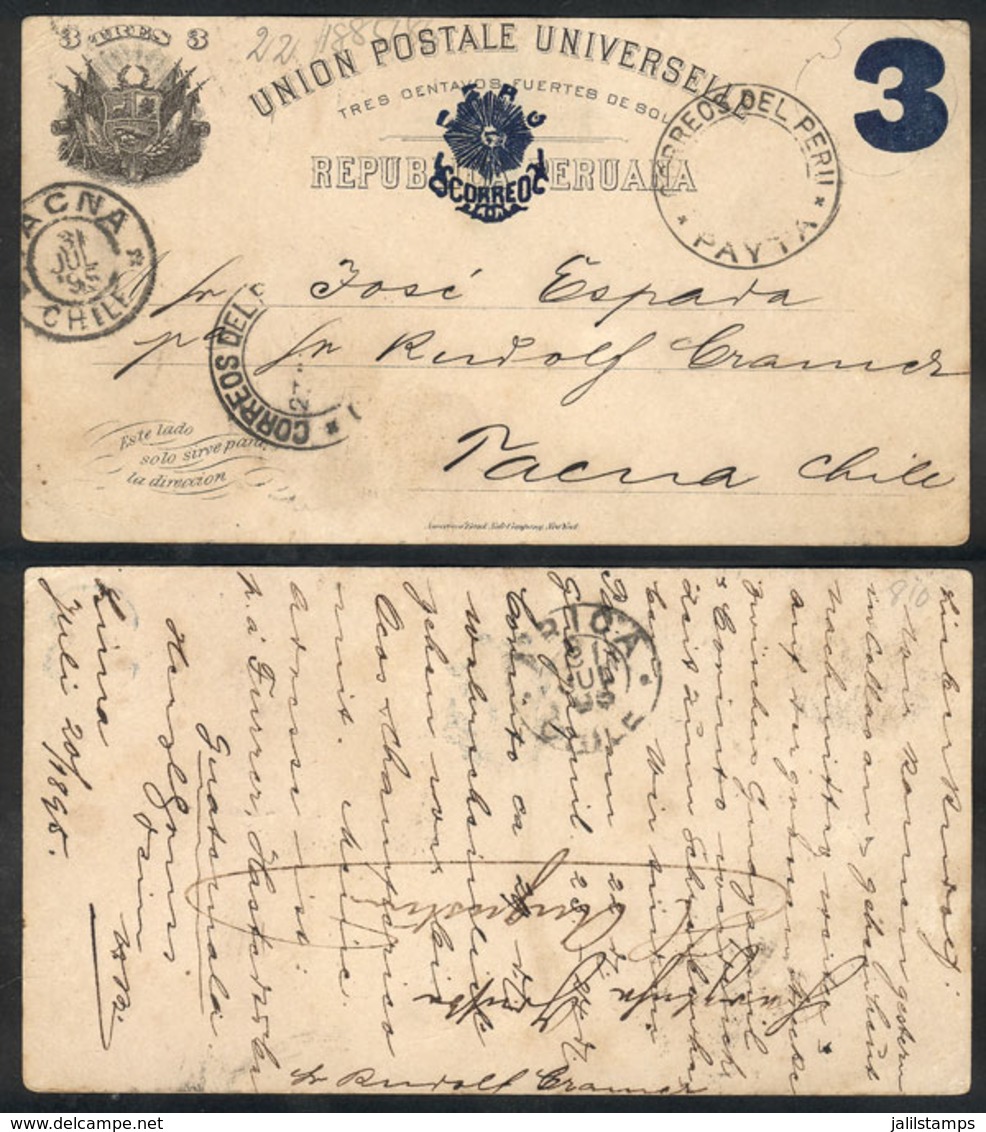 1104 PERU: 3c. Postal Card Overprinted, Sent From Lima To Tacna (Chile) On 20/JUL/1895, With Transit Marks Of Payta And  - Peru