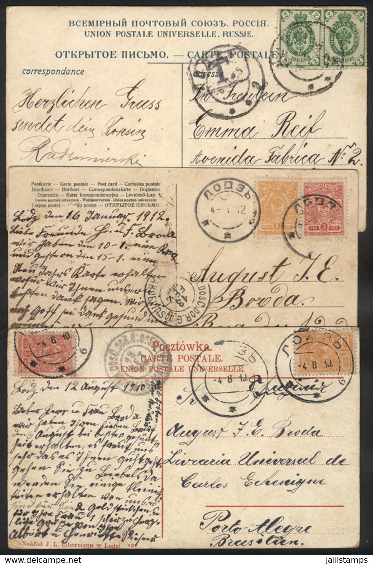 1106 POLAND: 3 Postcards Sent From LODZ To Porto Alegre (Brazil) Between 1905 And 1912, All Franked With Russian Stamps, - Altri & Non Classificati