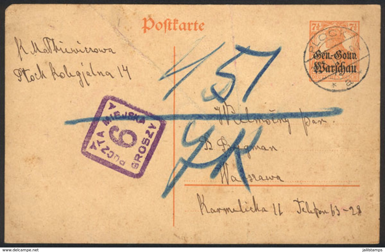 1107 POLAND: Postal Card Of The German Occupation Sent From PLOCK To Warsawa On 2/MAR/1917, Interesting! - Otros & Sin Clasificación