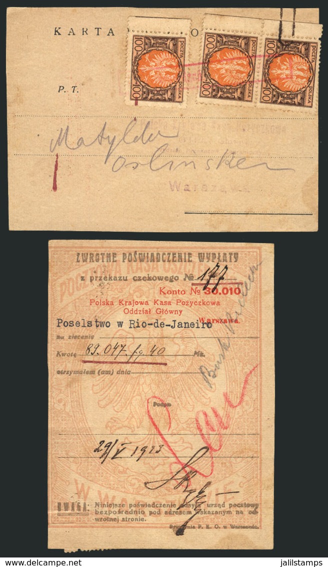 1108 POLAND: Interesting Receipt Of 29/MAY/1923 With Stamps Affixed On Back, VF Quality! - Altri & Non Classificati