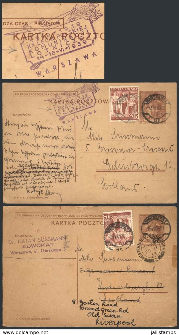 1109 POLAND: 2 Postal Card Sent To Scotland In 1939, One With Interesting Violet Handstamp Commemorating The 20th Annive - Altri & Non Classificati