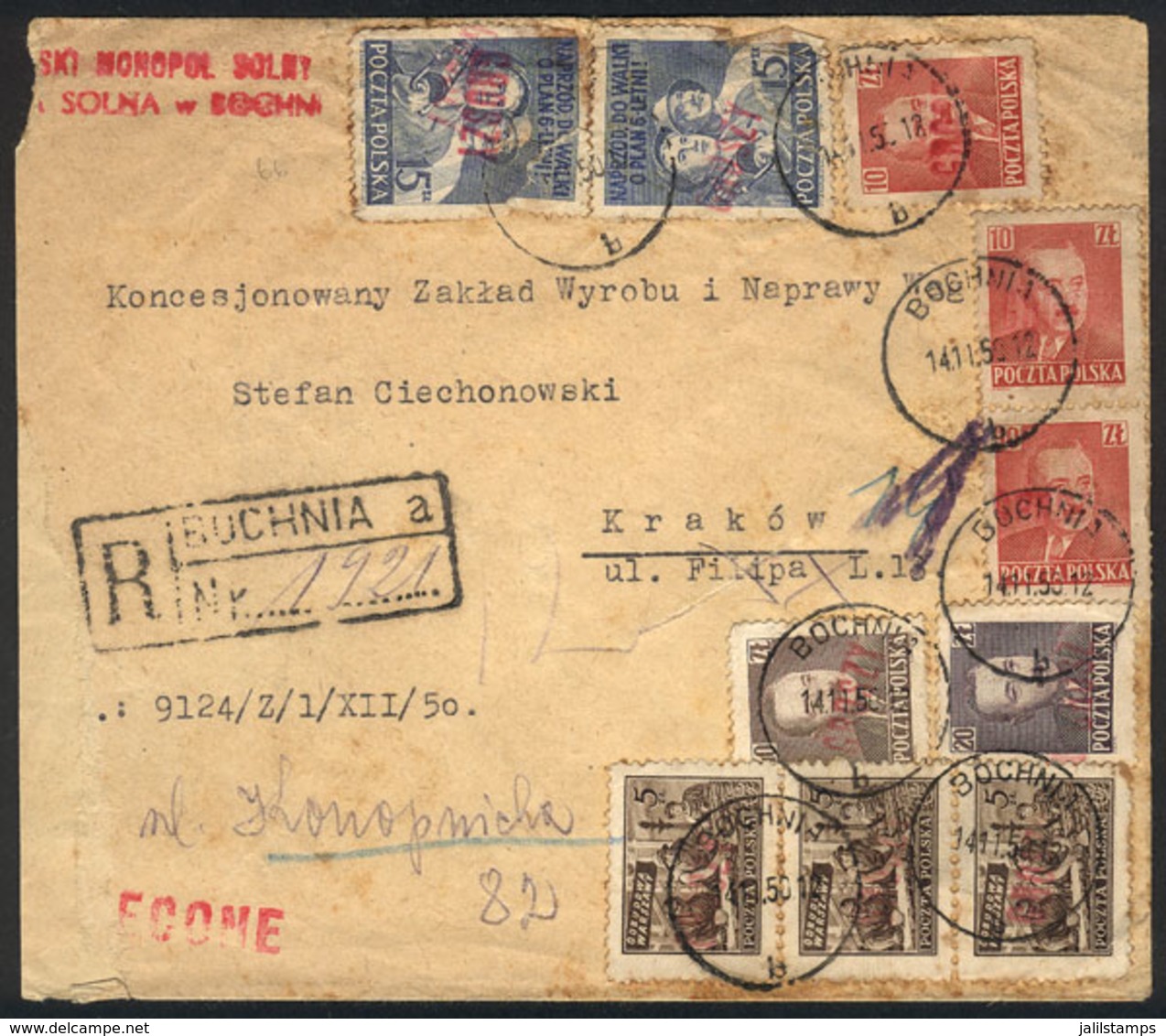 1111 POLAND: Registered Cover Sent From Bochnia To Krakow On 14/NO/1950 With Interesting Postage Of 10 Stamps, 7 Overpri - Other & Unclassified