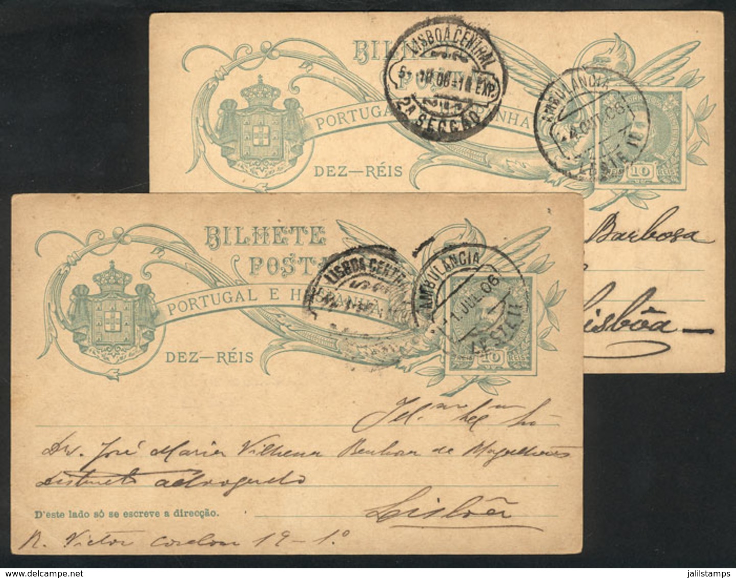 1120 PORTUGAL: 2 Postal Cards Sent To Lisboa On 11/JUL And 4/AU/1906, Both With Interesting Mark: AMBULANCIA LESTE II",  - Altri & Non Classificati