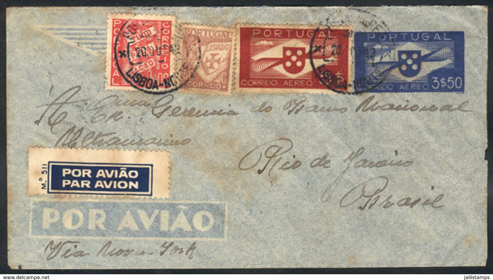 1126 PORTUGAL: Airmail Stationery Envelope Of 3.50E. + Additional Postage (total 10E.), Sent From Lisboa To Rio De Janei - Altri & Non Classificati