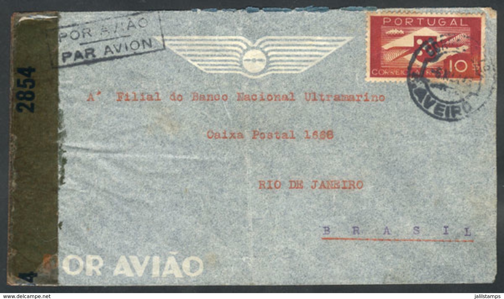 1127 PORTUGAL: Airmail Cover Sent From Aveiro To Rio De Janeiro On 6/MAR/1943 Franked With 10E. And Allied Censorship! - Altri & Non Classificati