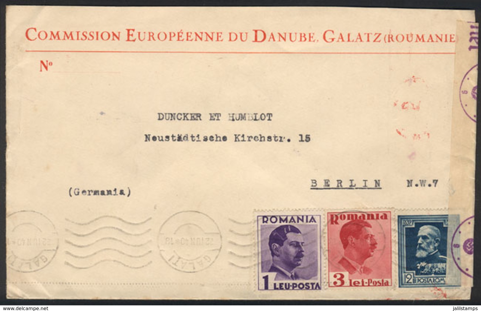 1131 ROMANIA: Envelope Of The "European Commission Of The Danube" Sent From Galati To Berlin On 22/JUN/1940 Franked With - Sonstige & Ohne Zuordnung