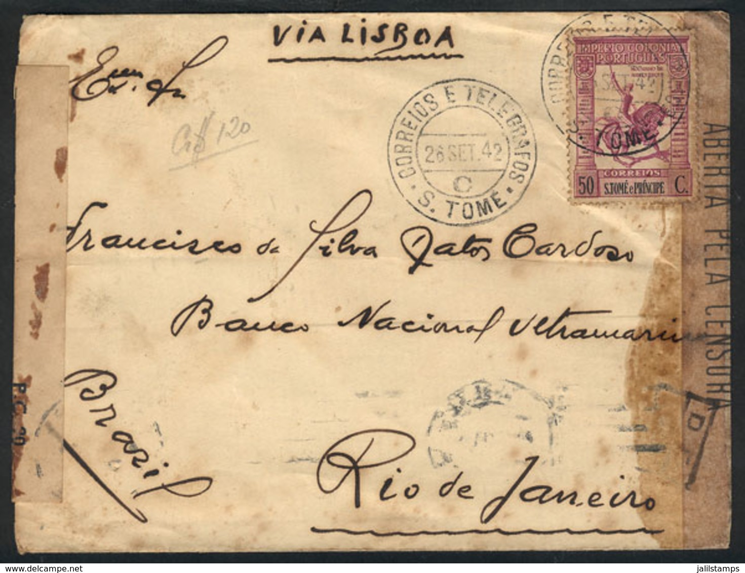 1147 SAO TOMÉ AND PRÍNCIPE: Cover Sent From Sao Tome To Rio De Janeiro On 26/SE/1942 Franked With 50c., Double Censorshi - Sao Tomé E Principe