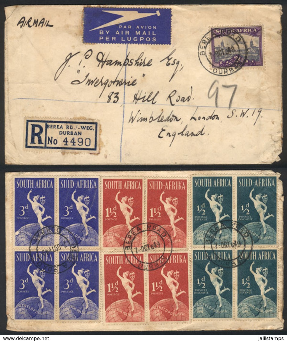 1150 SOUTH AFRICA: Registered Airmail Cover Sent From Berea To England On 7/OC/1949, Nice Postage! - Altri & Non Classificati
