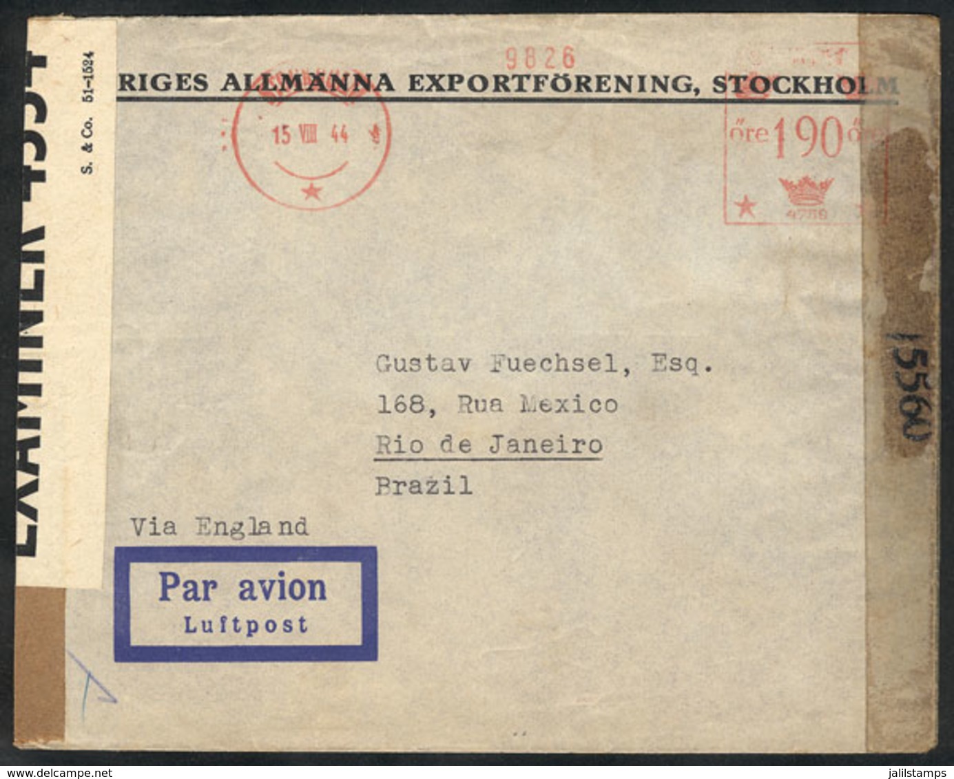 1154 SWEDEN: Airmail Cover Sent From Stockholm To Brazil On 15/AU/1944, With Meter Postage And Double Censor, VF! - Otros & Sin Clasificación