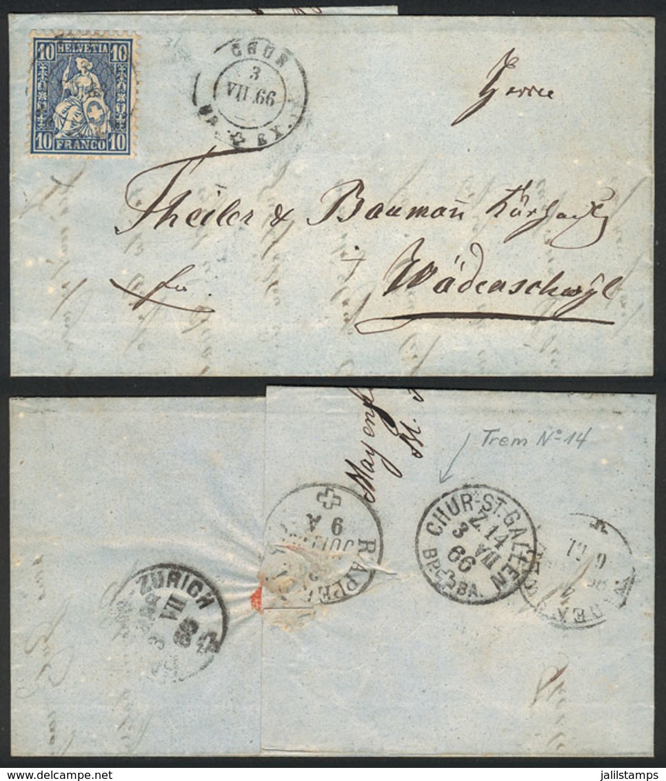 1159 SWITZERLAND: Folded Cover Franked With 10c. Dispatched In Grün On 3/JUL/1866, With Interesting Backstamps, For Exam - Altri & Non Classificati