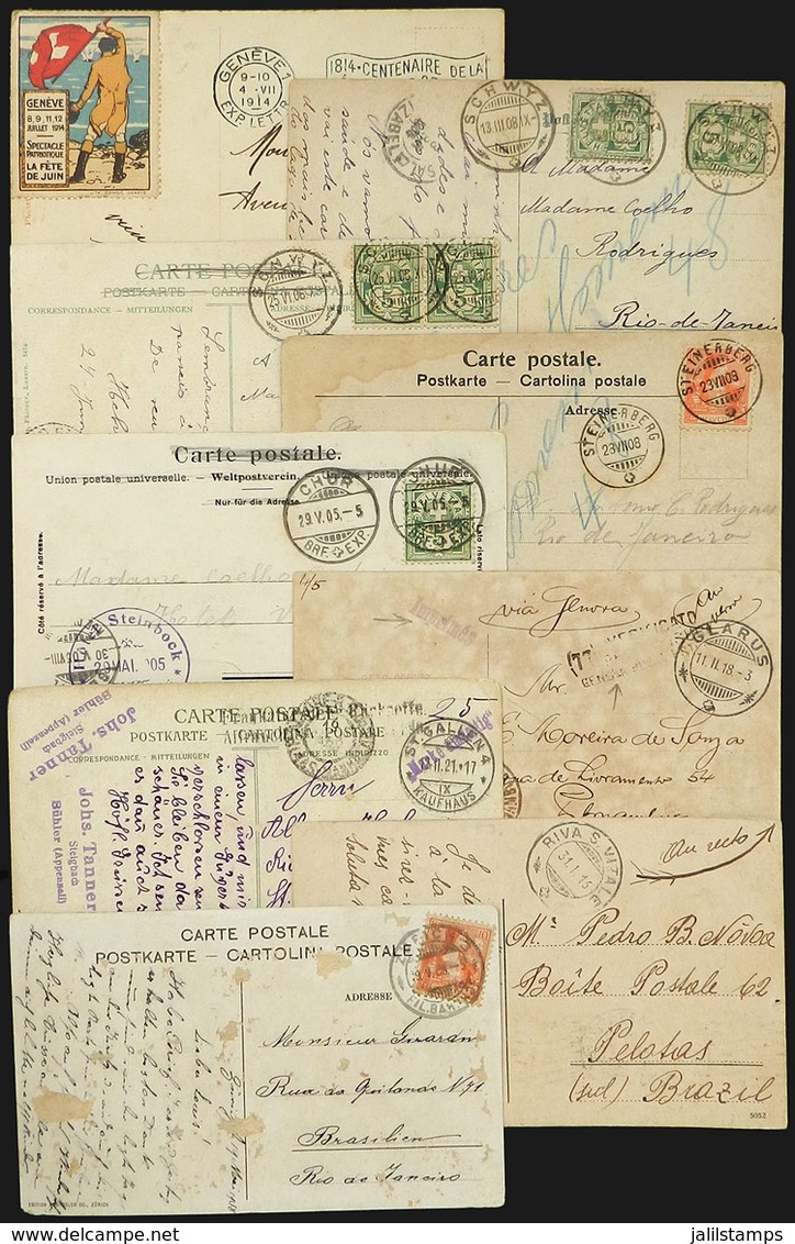 1164 SWITZERLAND: 9 Postcards Used Between 1905 And 1921, Most Sent To Rio De Janeiro, Interesting Postal Marks, And Som - Altri & Non Classificati