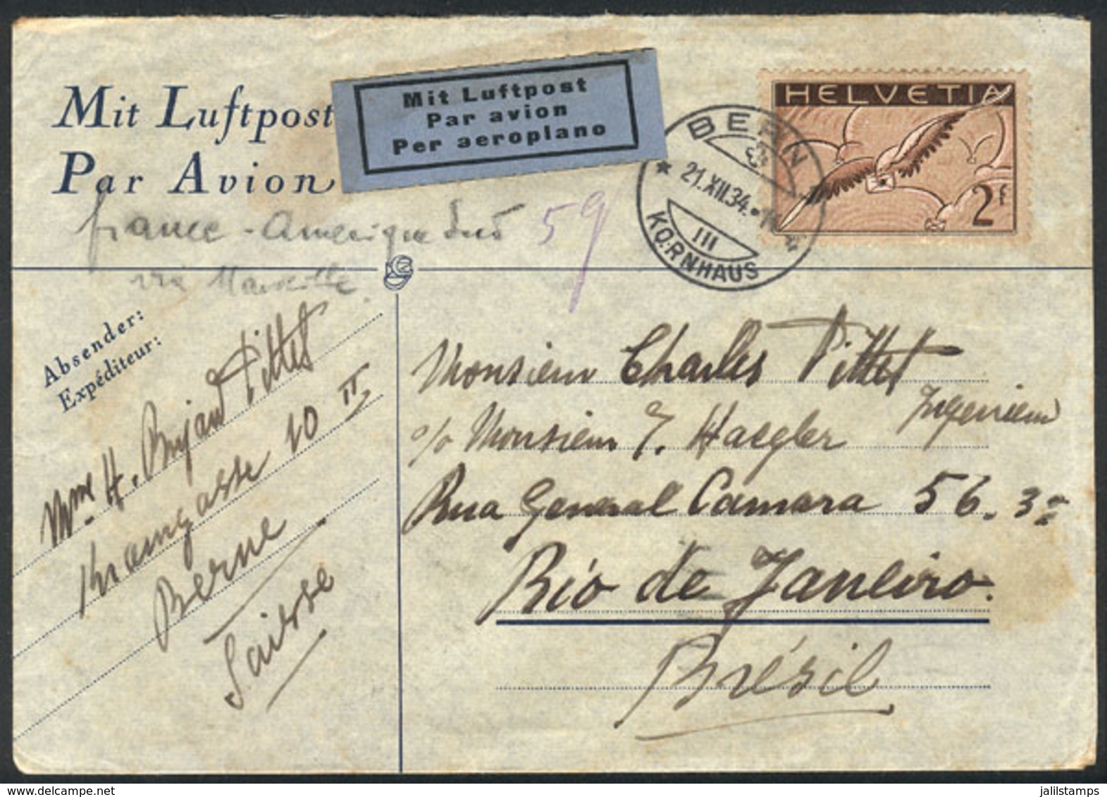 1170 SWITZERLAND: Airmail Cover Sent From Bern To Rio De Janeiro On 21/DE/1934 By Air France Franked With 2Fr., With Tra - Altri & Non Classificati