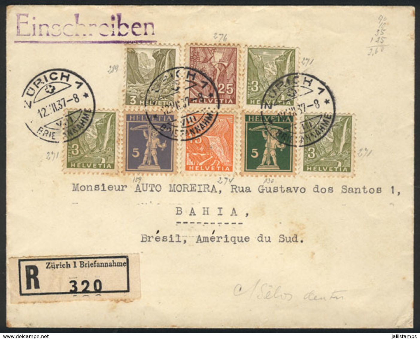 1172 SWITZERLAND: Registered Cover Sent From Zürich To Brazil On 12/JUL/1937, Very Nice Postage! - Altri & Non Classificati