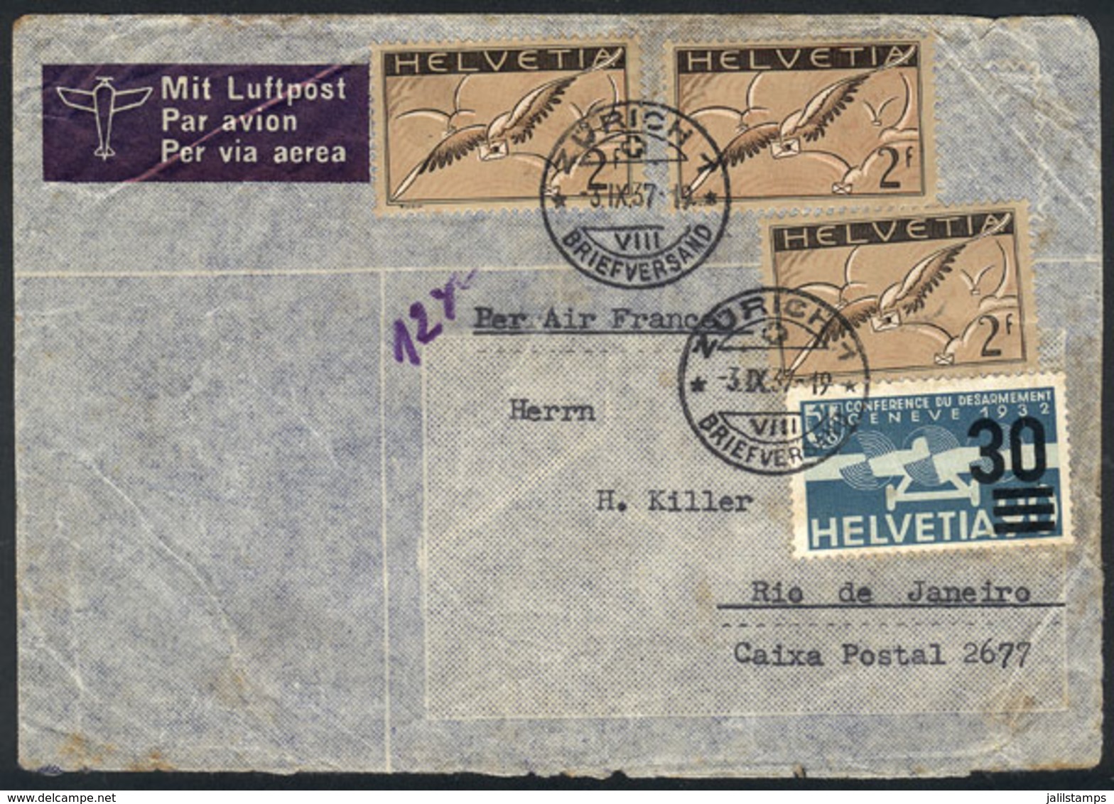 1173 SWITZERLAND: Airmail Cover Sent From Zürich To Rio De Janeiro On 3/SE/1937 By Air France Franked With 6.30Fr., Very - Altri & Non Classificati