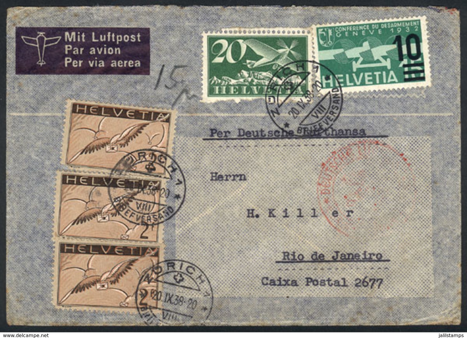 1176 SWITZERLAND: Airmail Cover Sent From Zürich To Rio De Janeiro On 20/SE/1938 By Germany DLH, Franked With 6.30Fr., V - Andere & Zonder Classificatie