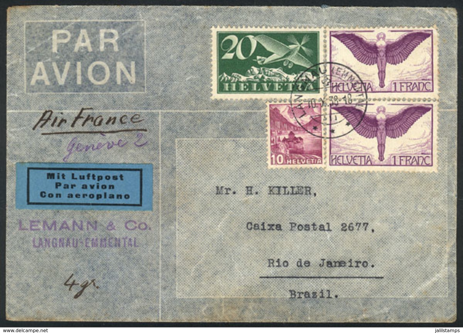 1177 SWITZERLAND: Airmail Cover Sent From Langnau To Rio De Janeiro On 10/OC/1938 By Air France Franked With 2.30Fr., Ve - Andere & Zonder Classificatie