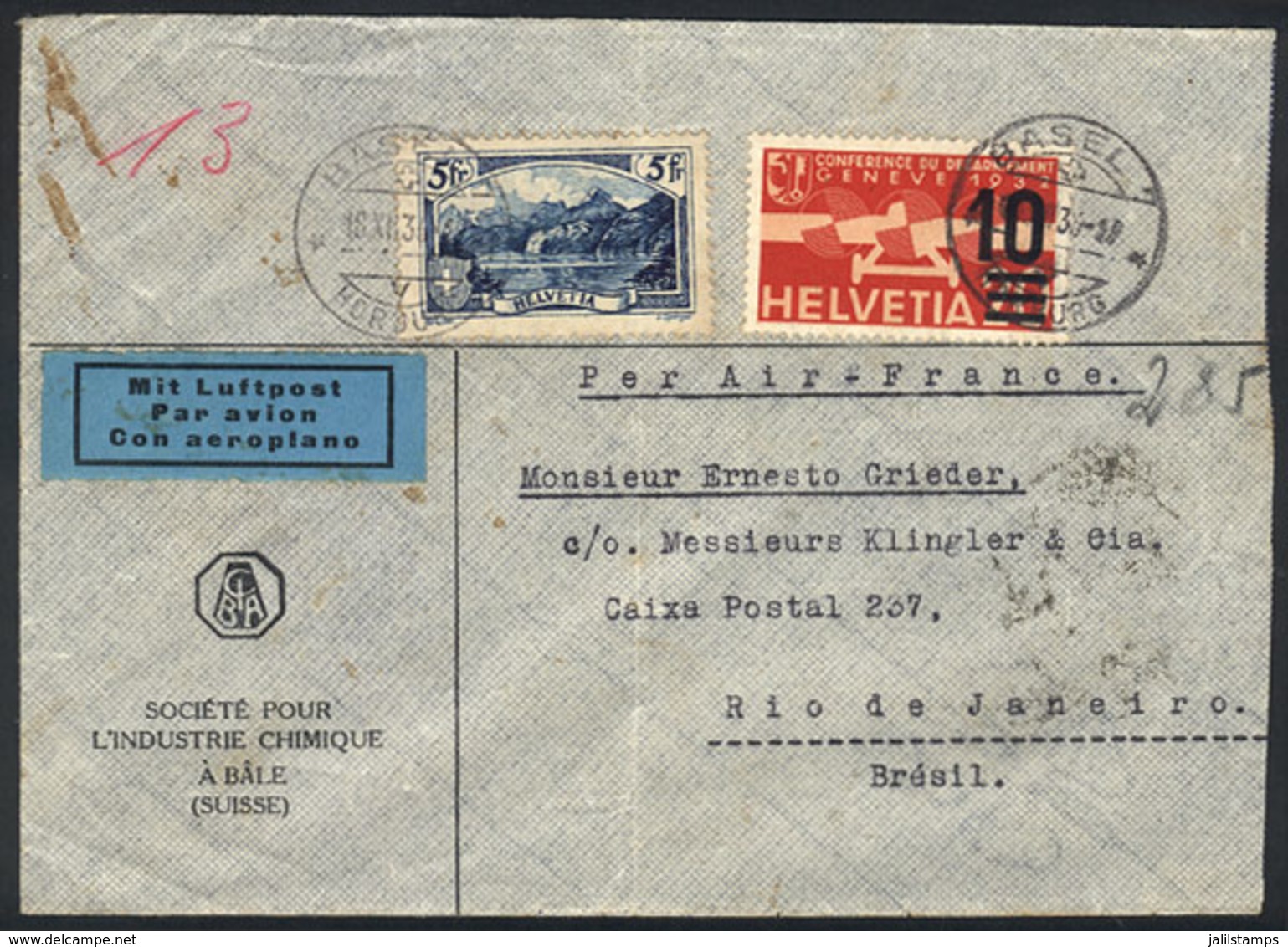 1178 SWITZERLAND: Airmail Cover Sent From Basel To Rio De Janeiro On 18/NO/1938 Franked With 5.10Fr., Interesting! - Altri & Non Classificati