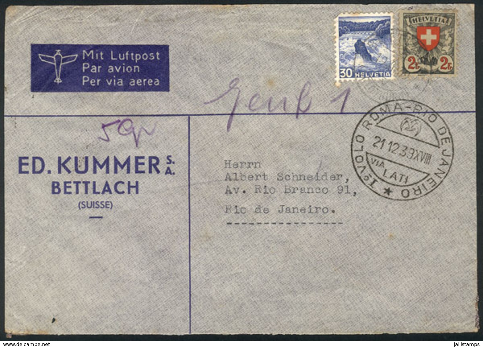 1183 SWITZERLAND: Cover Carried On The First LATI FLIGHT ROMA - RIO DE JANEIRO, Dispatched In Bettlach On 19/DE/1939 Fra - Altri & Non Classificati