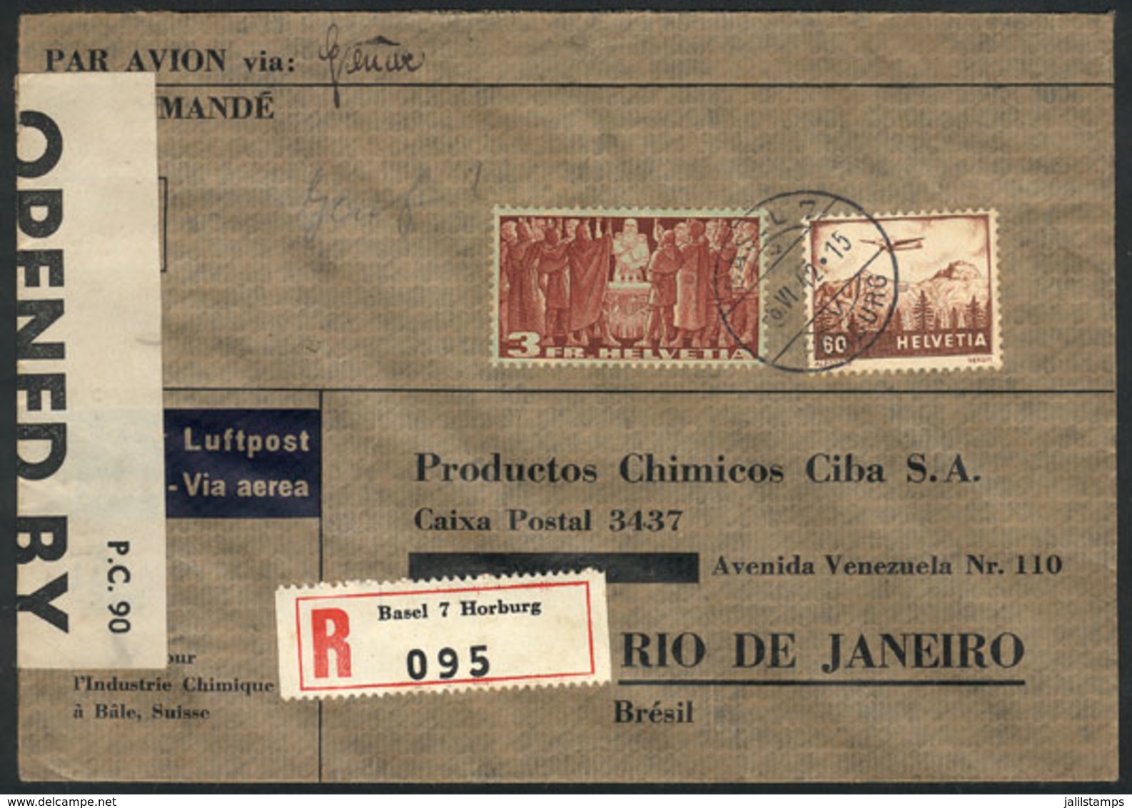 1185 SWITZERLAND: Registered Airmail Cover Sent From Basel To Rio De Janeiro On 6/JUN/1942 Franked With 3.60Fr., With Al - Altri & Non Classificati