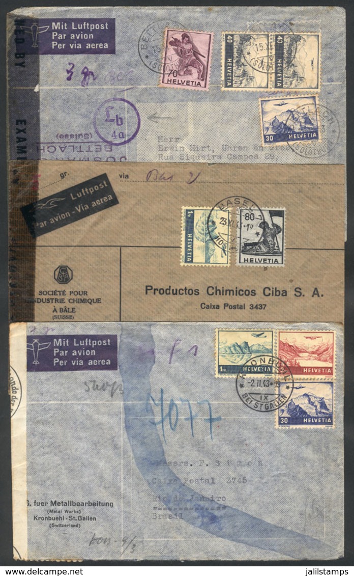 1186 SWITZERLAND: 3 Airmail Covers Sent To Rio De Janeiro In 1943, With Varied CENSOR Labels, Very Attractive Group! - Altri & Non Classificati