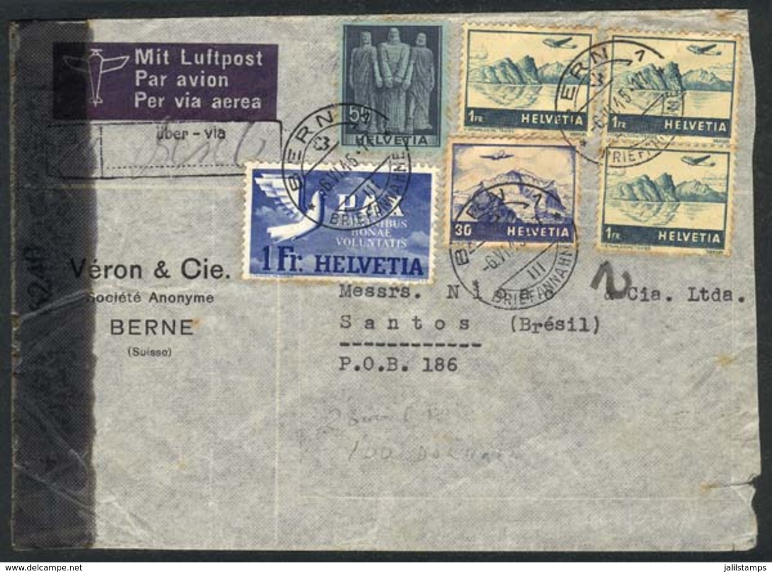 1188 SWITZERLAND: Airmail Cover Sent From Bern To Brazil On 6/JUN/1945 Franked With 4.80Fr., Including The 1Fr. Pax (Sc. - Other & Unclassified