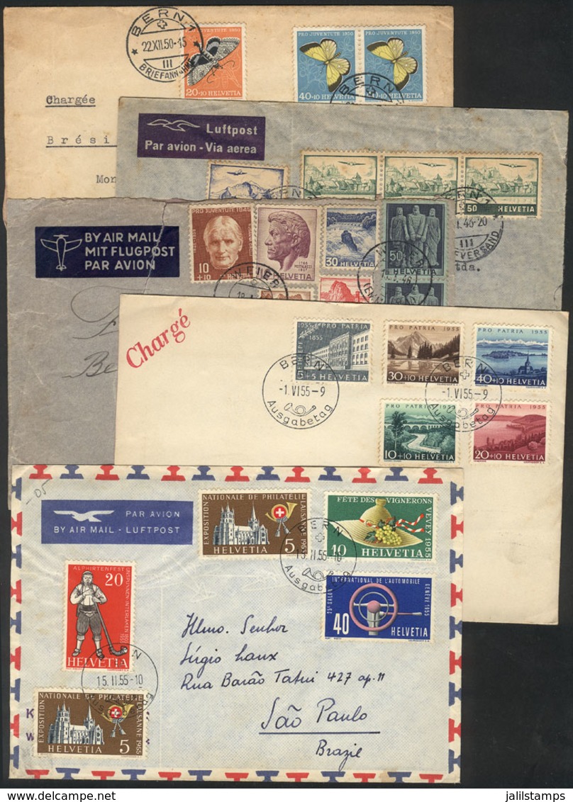 1190 SWITZERLAND: 5 Covers Sent To Brazil Between 1946 And 1955, Nice Postages, One With Defects, Low Start! - Altri & Non Classificati