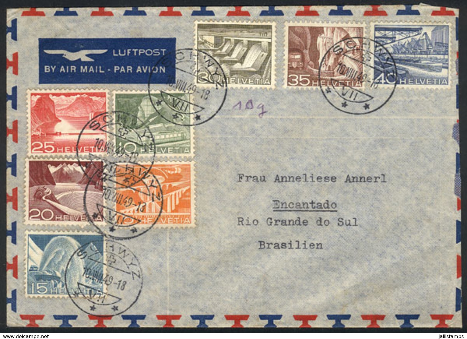 1194 SWITZERLAND: Airmail Cover Sent From Schwyz To Brazil On 10/AU/1949 With Nice Multicolored Postage, VF Quality! - Andere & Zonder Classificatie