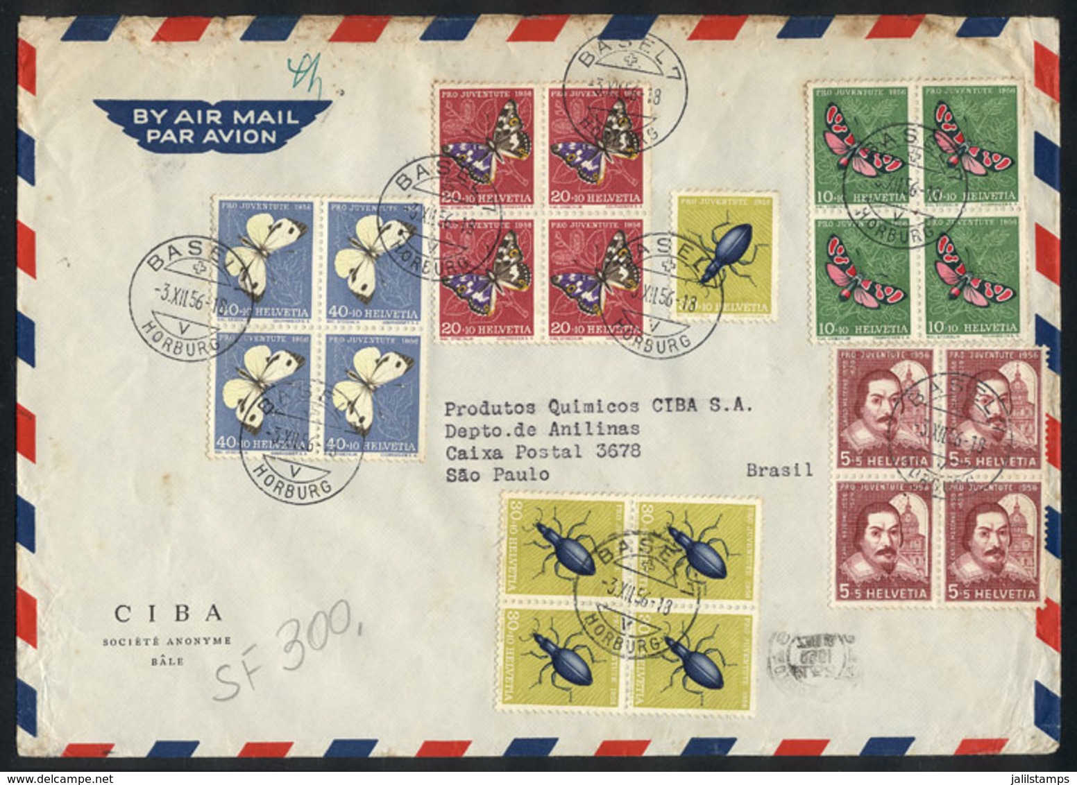 1198 SWITZERLAND: Cover Sent From Basel To Brazil On 20/FE/1957, Franked With BLOCKS OF 4 Of The Set Zu.163/7 (insects A - Altri & Non Classificati