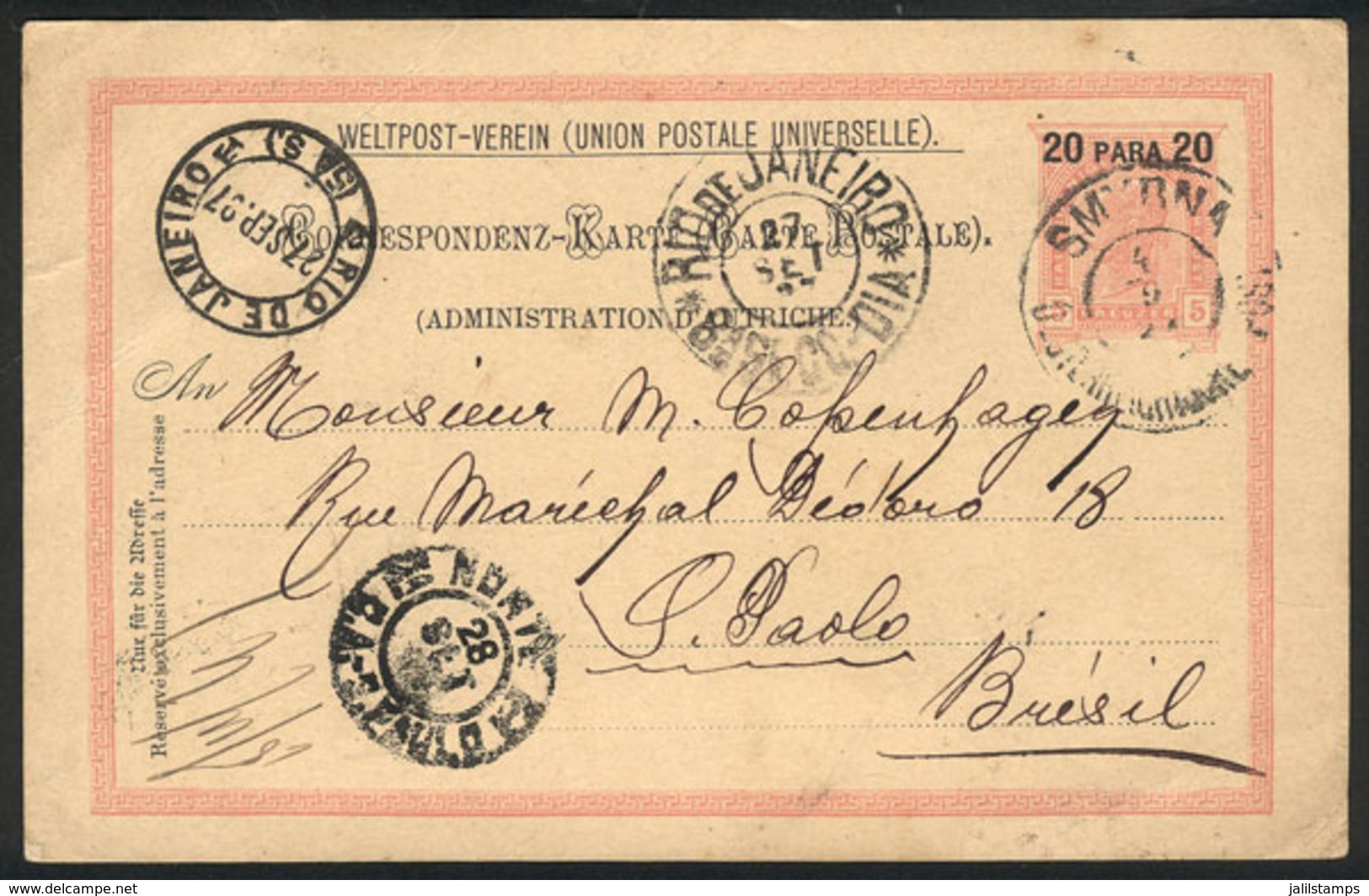1207 TURKEY - AUSTRIA MAIL: 20pa. Postal Card Sent From SMYRNA To Sao Paulo (Brazil) On 4/SE/1897, Unusual Destination,  - Altri & Non Classificati