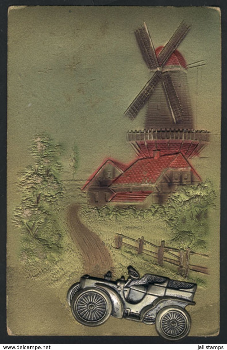 1217 WORLDWIDE: Old Postcard With Embossed Landscape And METALLIC Car, VF Quality! - Non Classificati