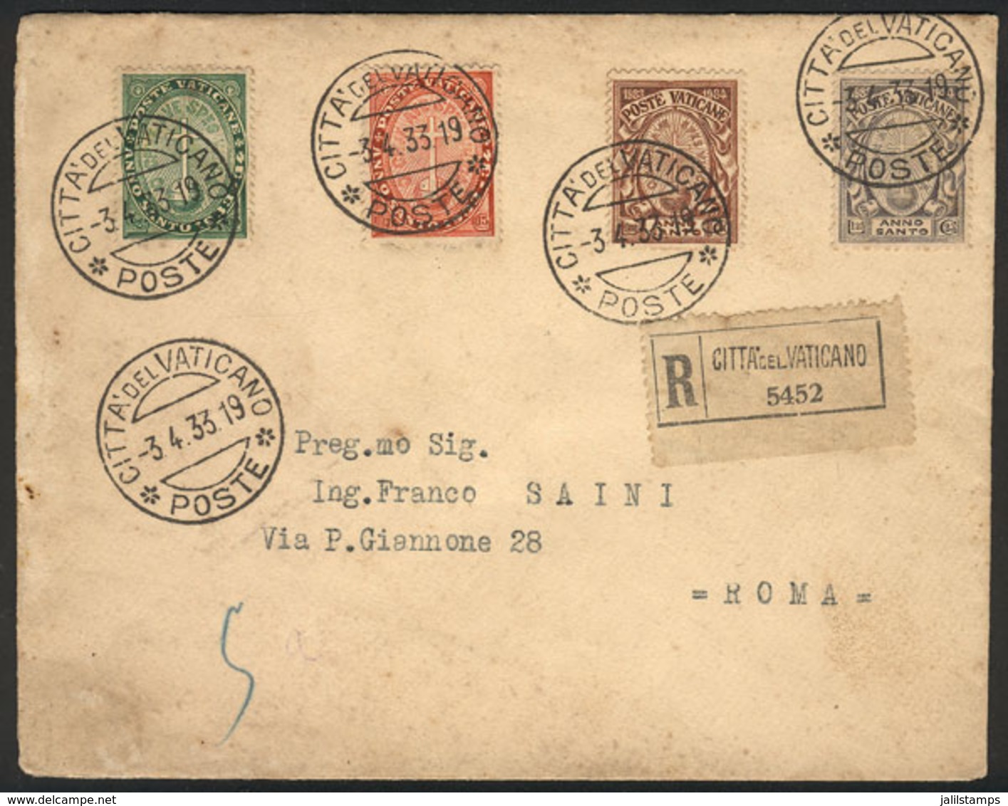1224 VATICAN: Registered Cover Franked By Sc.B1/B4 (Holy Year), Sent To Roma On 3/AP/1933 (first Day Of Issue), Fine Qua - Other & Unclassified