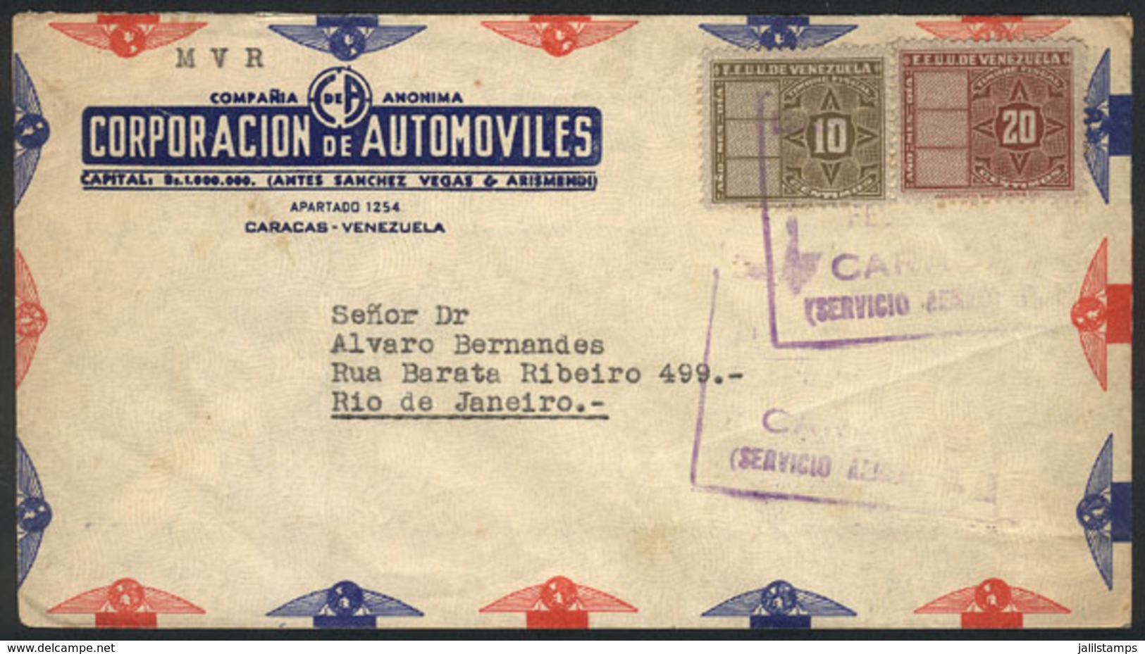 1228 VENEZUELA: Airmail Cover Sent From Caracas To Brazil In MAR/1948, Franked With REVENUE STAMPS Of 10c. + 20c., VF! - Venezuela