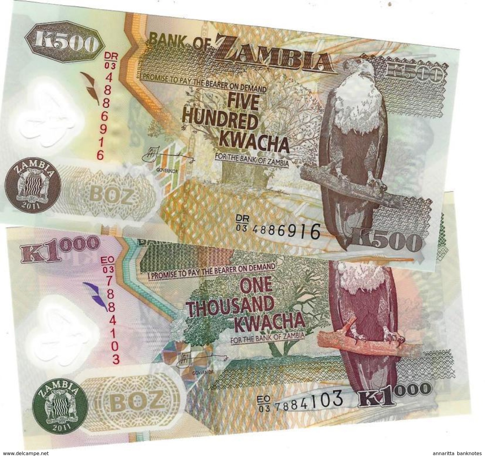 ZAMBIE 500 & 1000 KWACHA 2011 P-43h 44h NEUF [ZM145h 146h] - Zambia