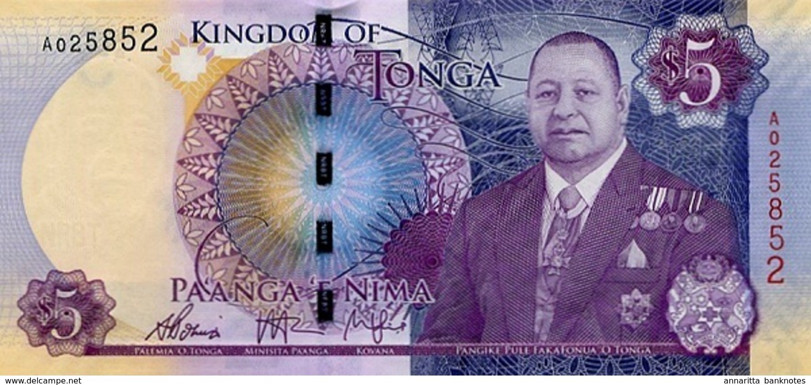 Tonga 5 Pa'Anga ND (2015), UNC, P-45a, TO B220a - Tonga