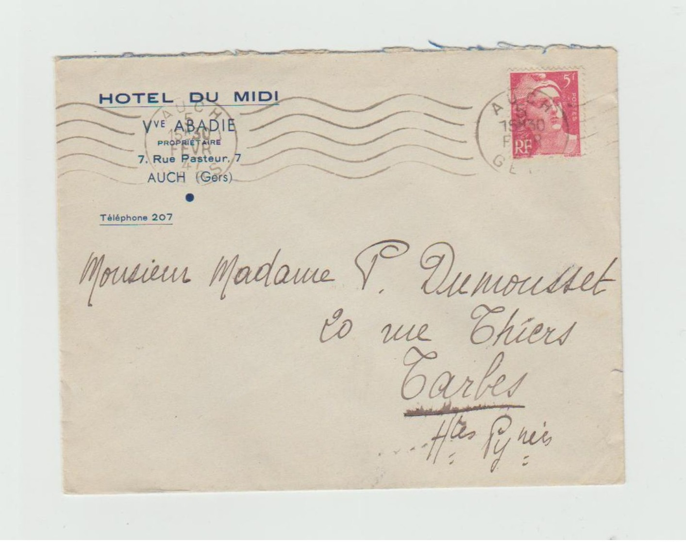 LSC 1947 - Entête HOTEL DU MIDI - Vve ABADIE - AUCH (GERS) - 1877-1920: Semi Modern Period