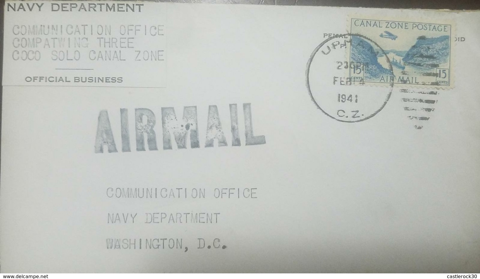 O) 1941 CANAL ZONE- POSSESSIONS GAILLARD CUT AP1 15 CENTS BLUE, COMMUNICATION OFFICE COMPARTING THREE COCO SOLO CANAL ZO - Canal Zone