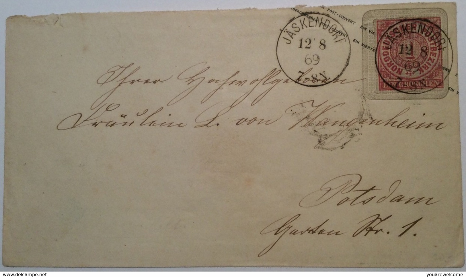 NDP 1868: 1 Gr Ganzsache Brief Preußen 6 Pfg JÄSKENDORF STPL RR !  (Polen Mohrungen Königsberg Poland Cover - Postwaardestukken