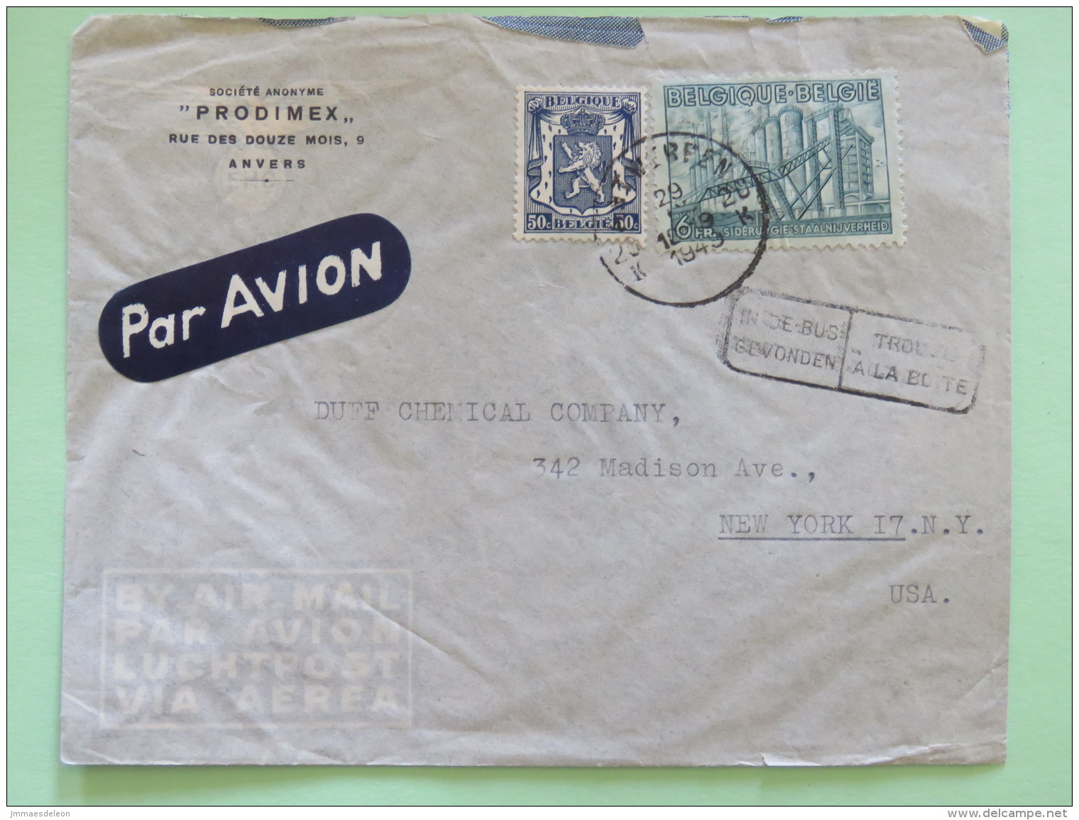 Belgium 1949 Cover Anvers To New York - Lion - Industry - Covers & Documents