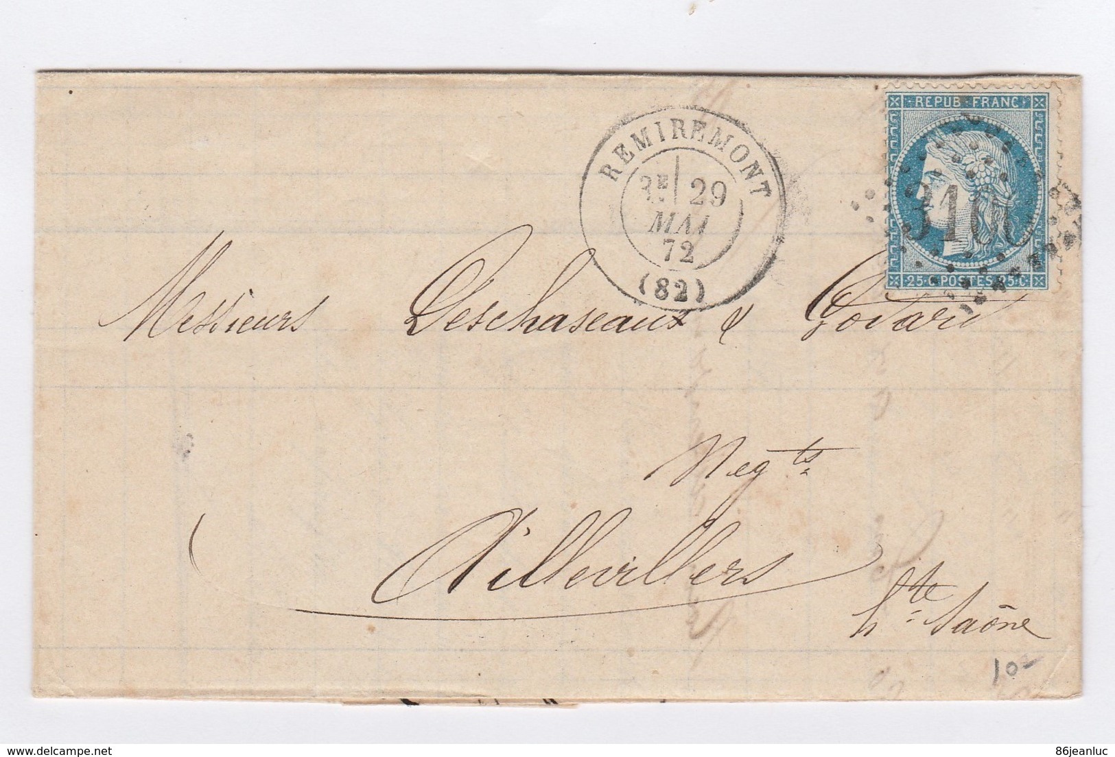 France : Superbe Lettre Avec 1 N°60 - Un Cachet à Date "Remiremont Du 29/5/1872, Et Oblitération Losange Gros Chiffres". - 1849-1876: Classic Period