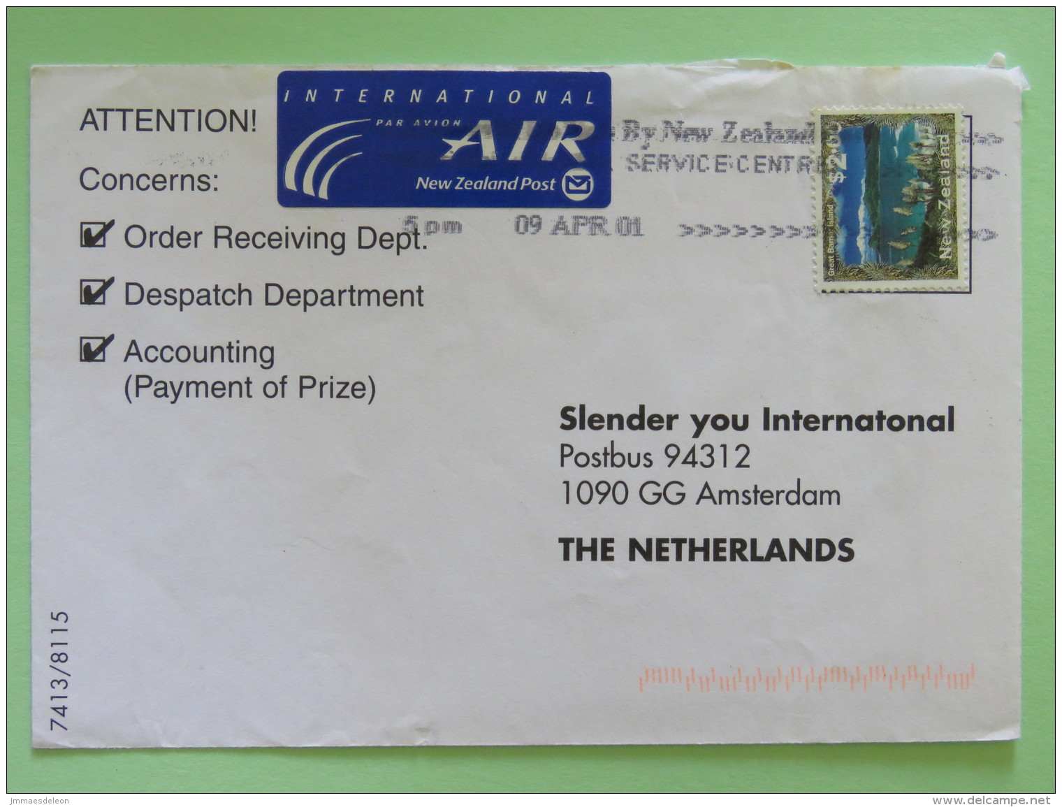 New Zealand 2001 Cover To Holland - Landscape - Lettres & Documents