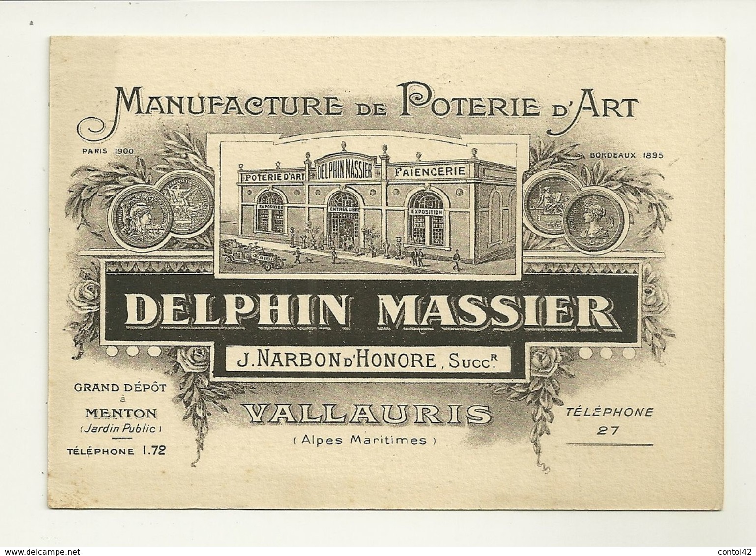 06 VALLAURIS PUBLICITE MANUFACTURE DELPHIN MASSIER POTERIE FAIENCERIE METIER MENTON FORMAT CARTE POSTALE ALPES MARITIMES - Publicités