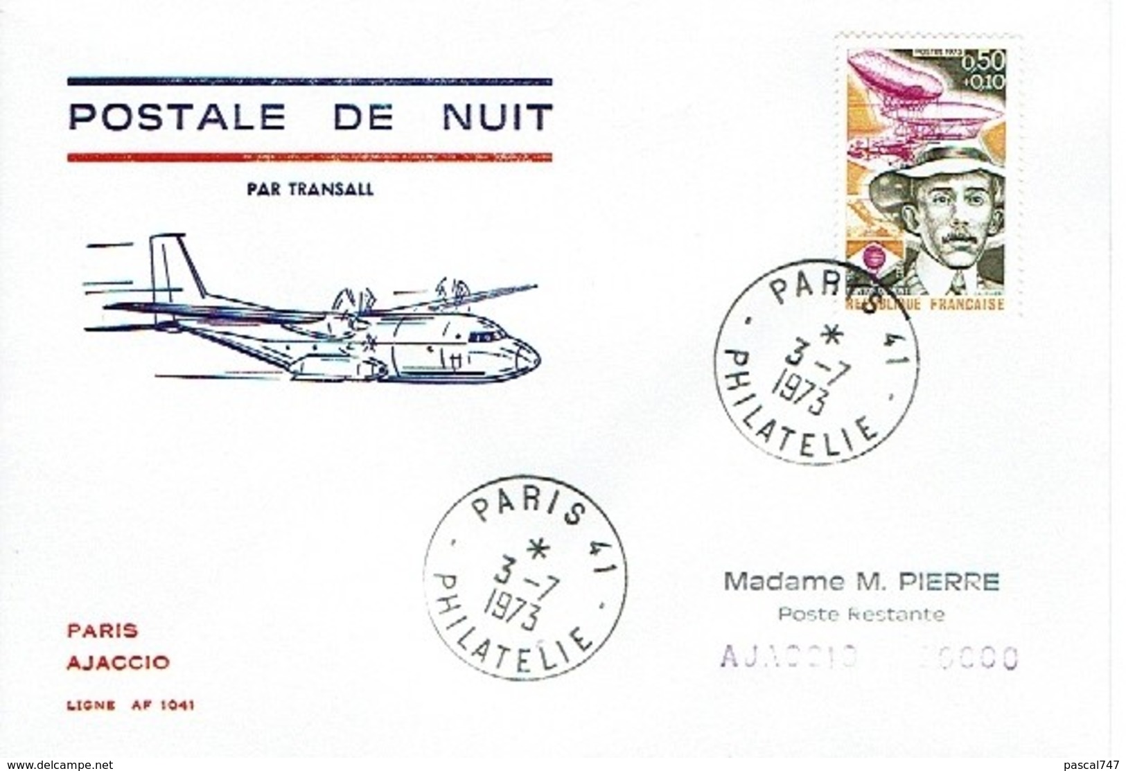 159 Postale De Nuit  Transall  Paris Ajaccio 1973 - 1960-.... Cartas & Documentos