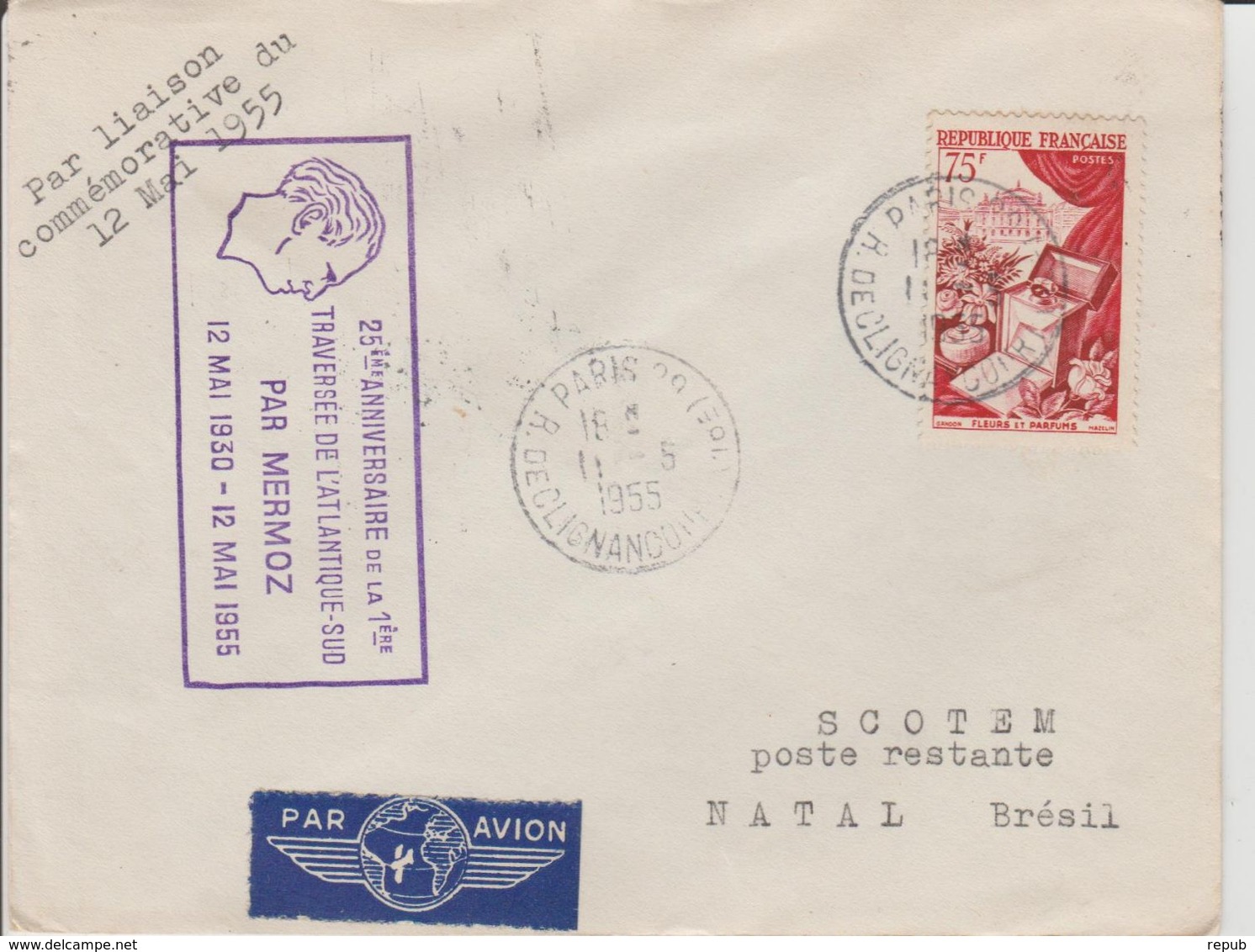 France 1955 25ème Anniversaire De La Traversée De L'atlantique Par Mermoz - First Flight Covers