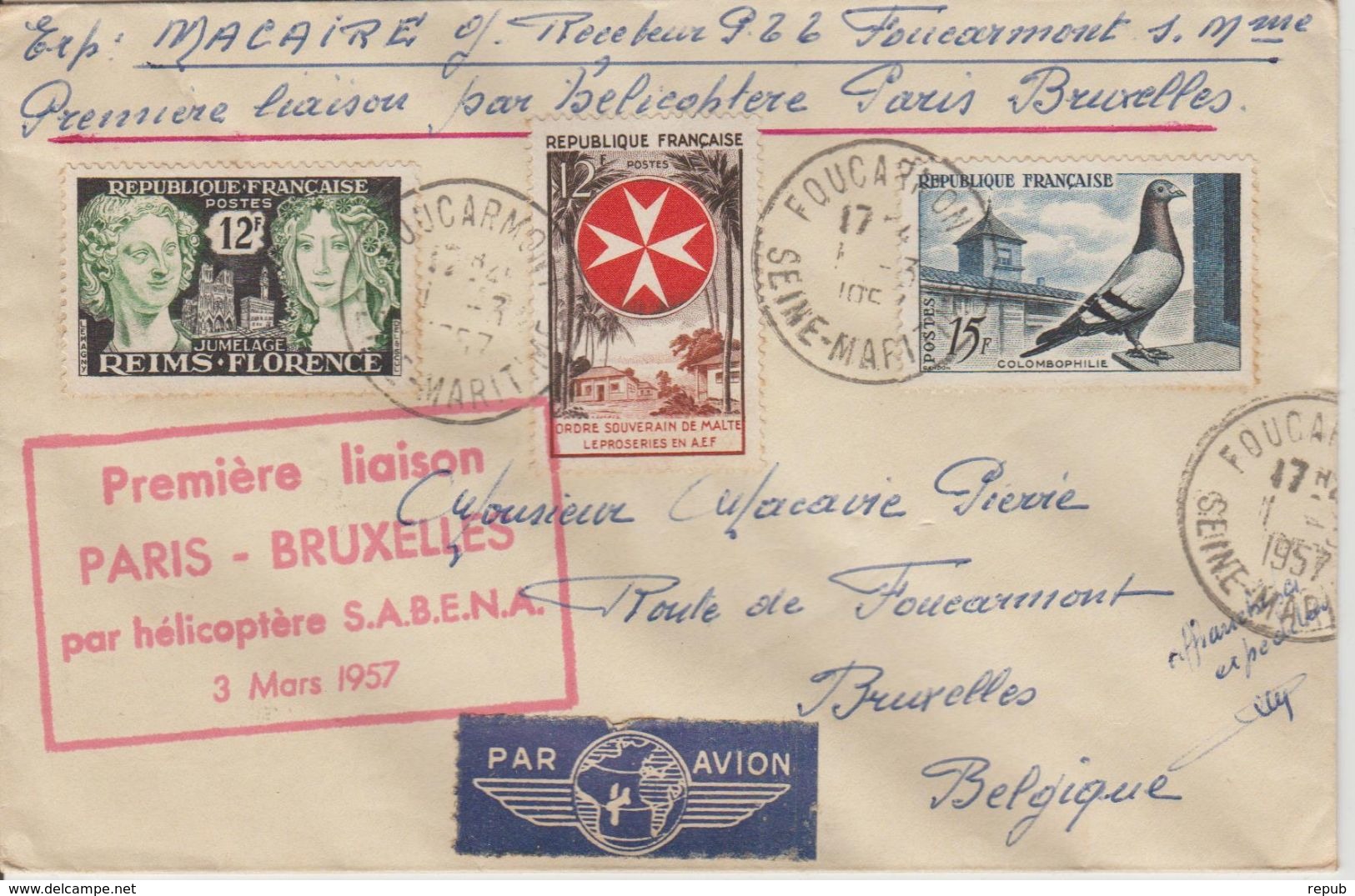 France 1957 Première Liaison Paris-Bruxelles Par Hélicoptère - First Flight Covers