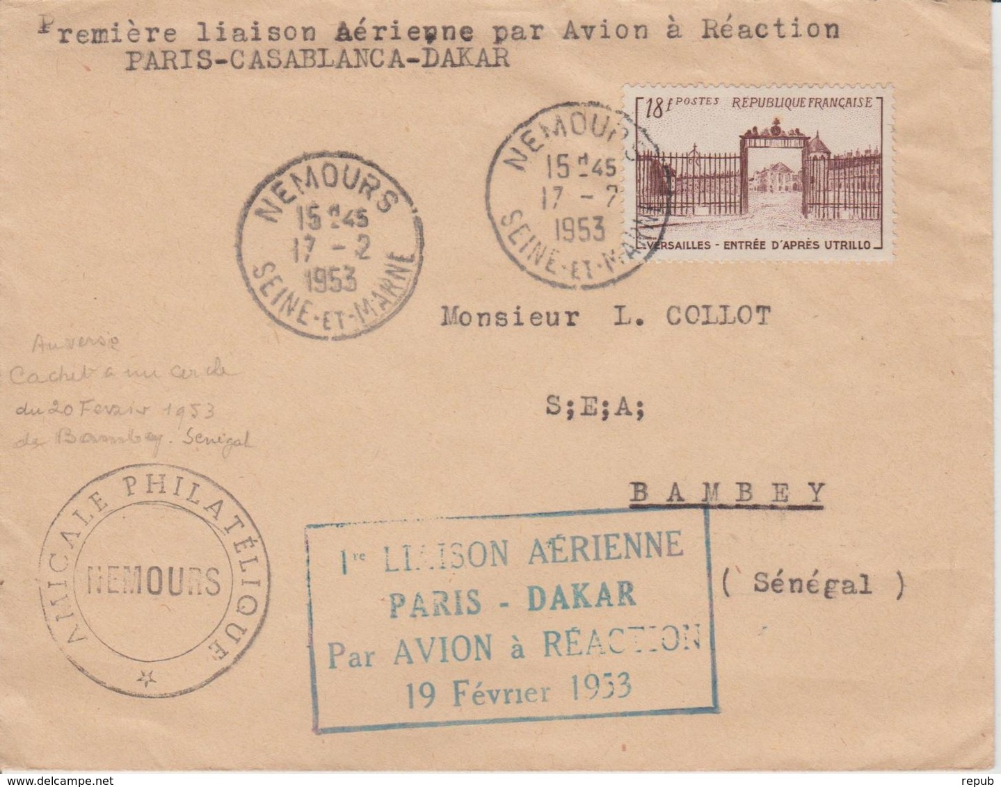 France 1953 Première Liaison Paris-Casablanca-Dakar - Erst- U. Sonderflugbriefe