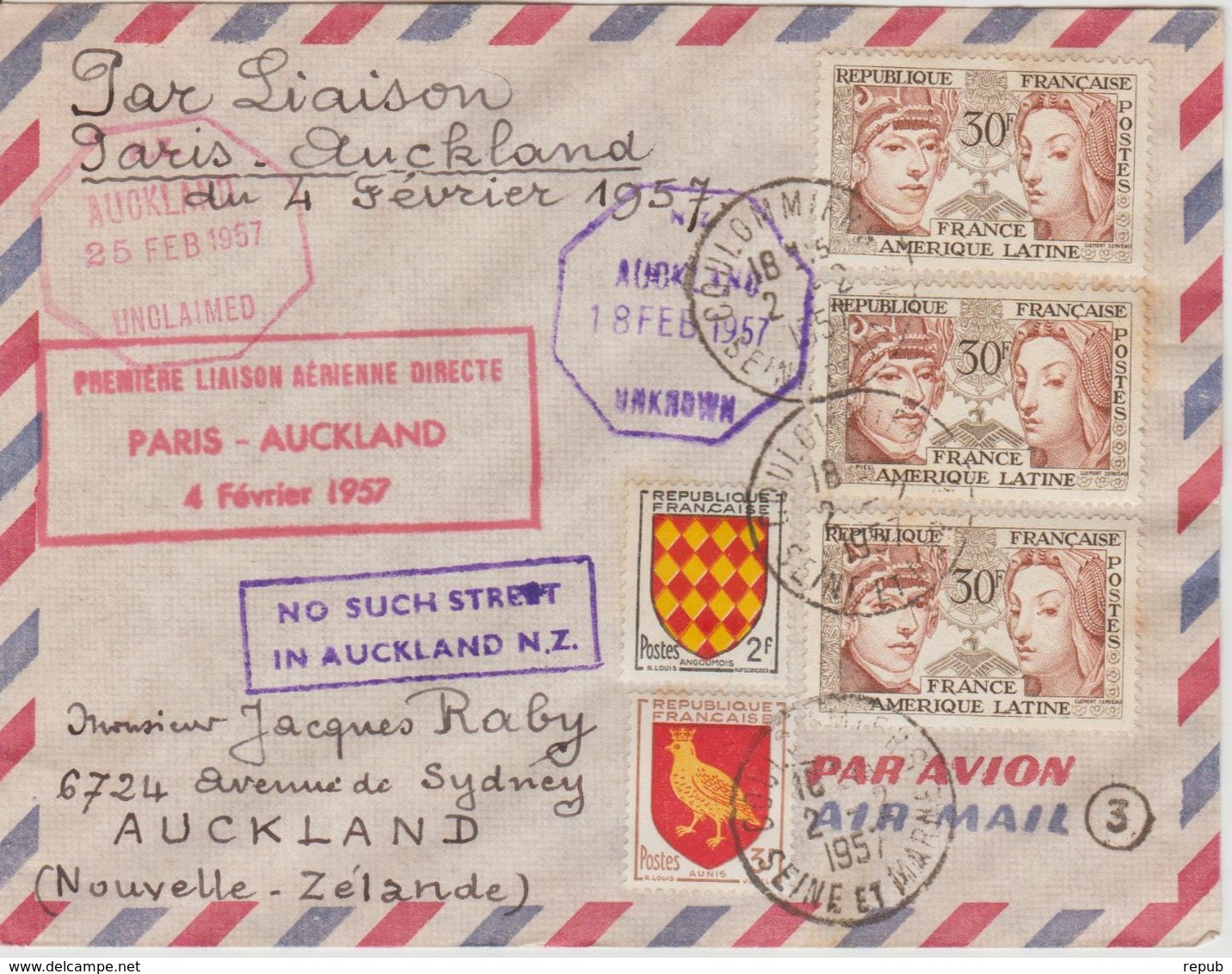France 1957 Première Liaison Paris-Auckland - Erst- U. Sonderflugbriefe