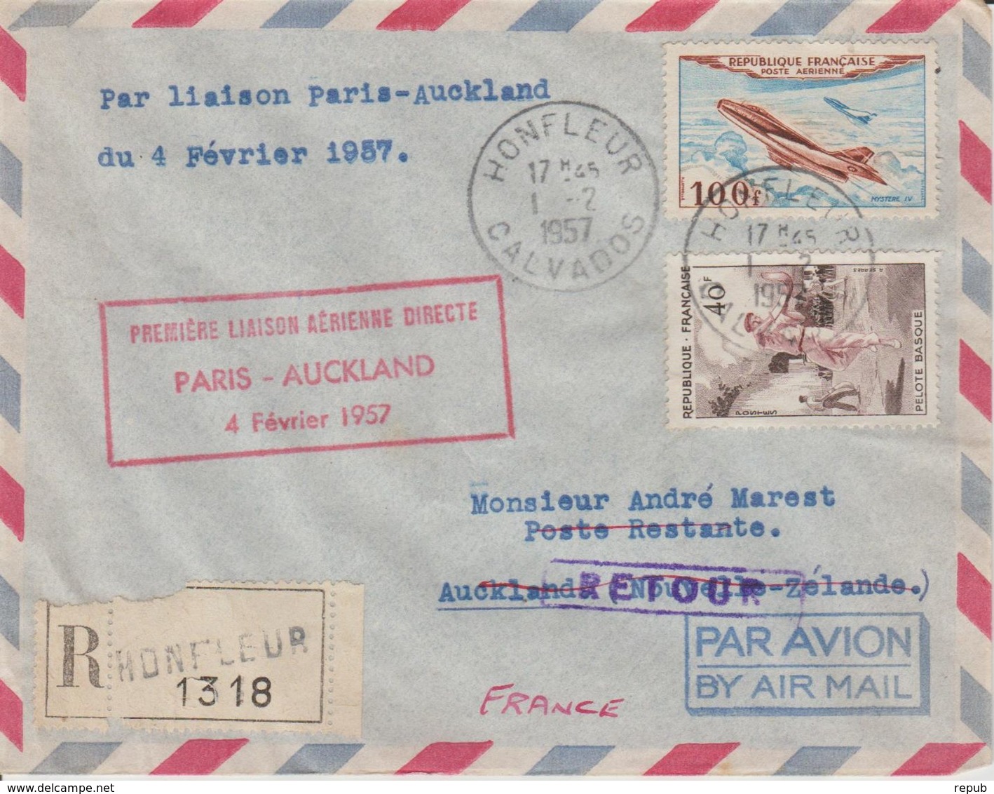 France 1957 Première Liaison Paris-Auckland - First Flight Covers