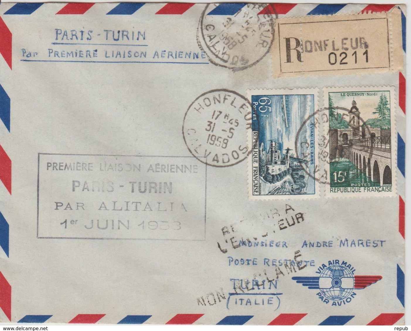 France 1958 Première Liaison Paris-Turin - Erst- U. Sonderflugbriefe
